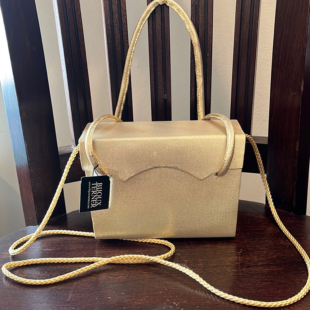 NWT Bijoux Terner satin gold metallic structured mini bag, handheld & crossbody